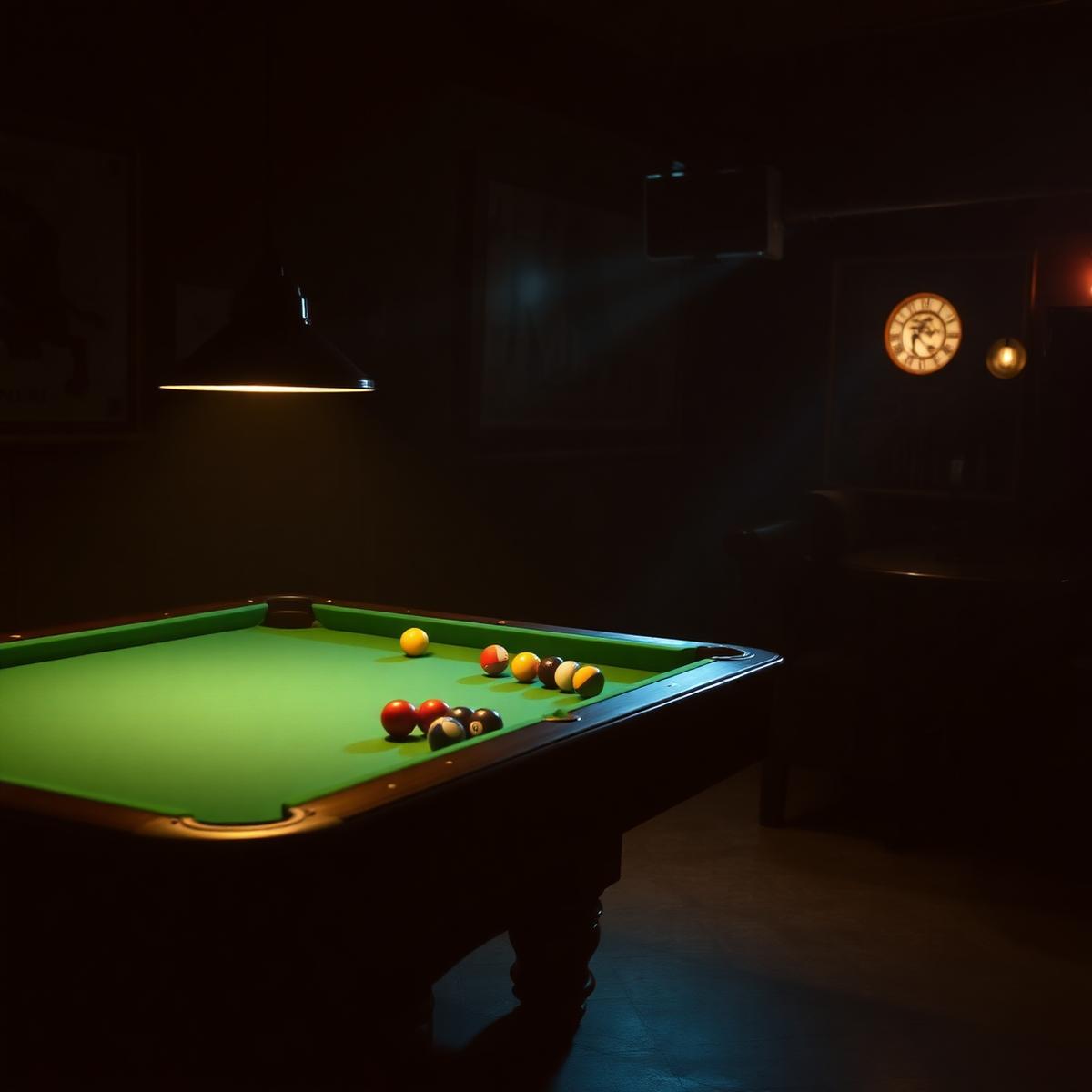 Pool table at Nold Ave Bar under amber lamplight